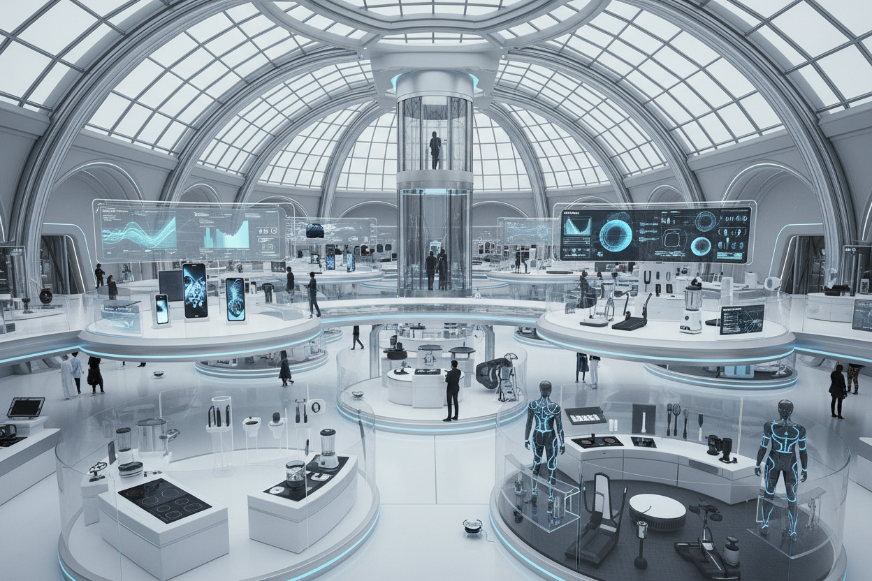 "Generate a futuristic marketplace image that blends advanced technology with sleek design, showcasing electronics, smart clothing, high-tech training gear, and innovative kitchen gadgets all in a cohesive, cutting-edge setting.