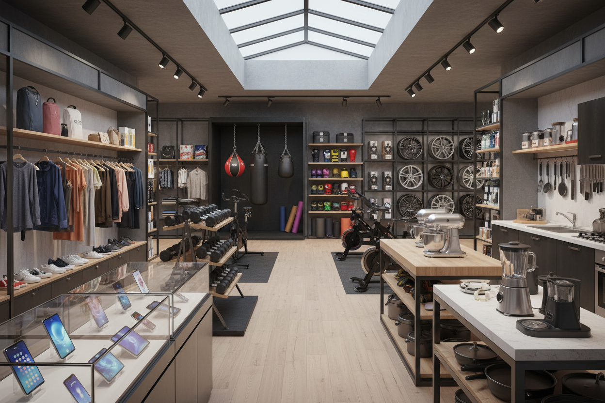 "Generate an image of a diverse marketplace that includes electronics, clothing, training equipment, boxing gear, car accessories, and kitchen essentials in a visually appealing and cohesive layout